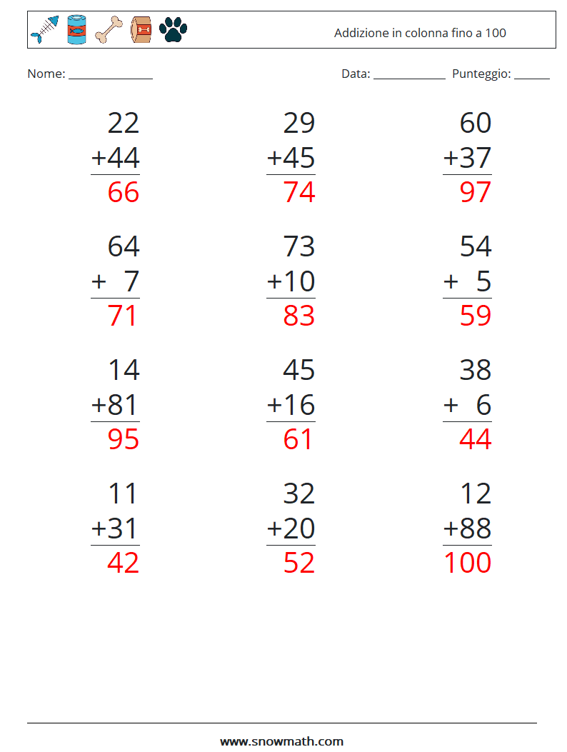 (12) Addizione in colonna fino a 100 Fogli di lavoro di matematica 10 Domanda, Risposta