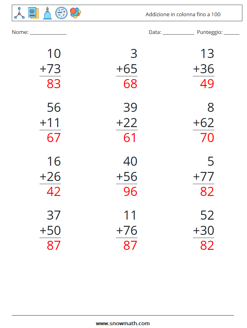 (12) Addizione in colonna fino a 100 Fogli di lavoro di matematica 11 Domanda, Risposta