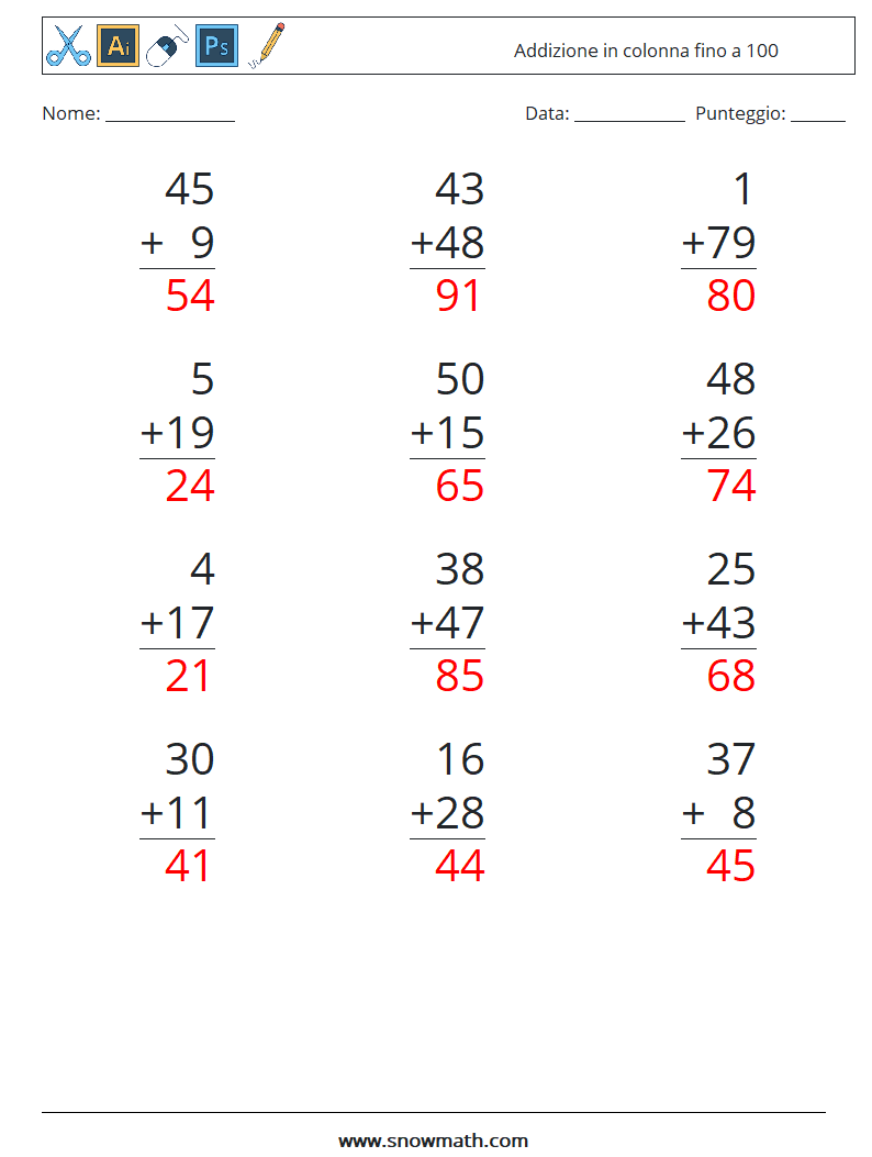 (12) Addizione in colonna fino a 100 Fogli di lavoro di matematica 12 Domanda, Risposta