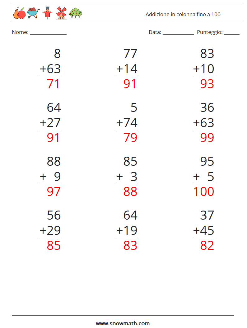 (12) Addizione in colonna fino a 100 Fogli di lavoro di matematica 13 Domanda, Risposta