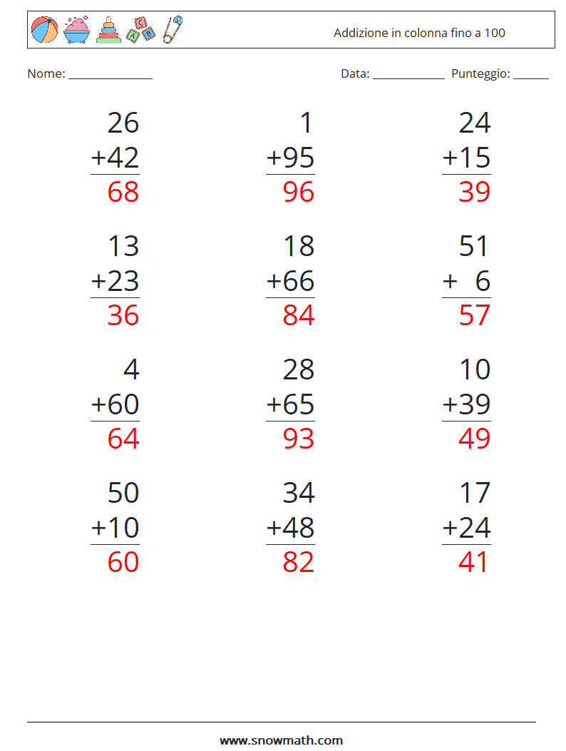 (12) Addizione in colonna fino a 100 Fogli di lavoro di matematica 14 Domanda, Risposta