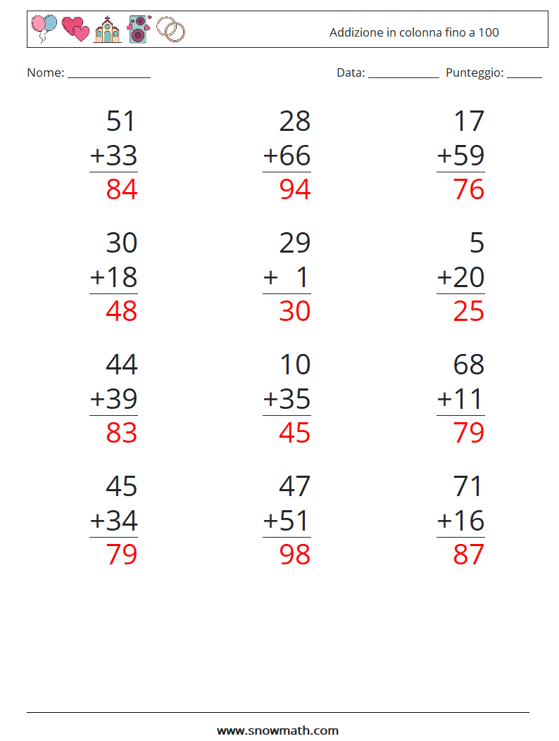 (12) Addizione in colonna fino a 100 Fogli di lavoro di matematica 18 Domanda, Risposta