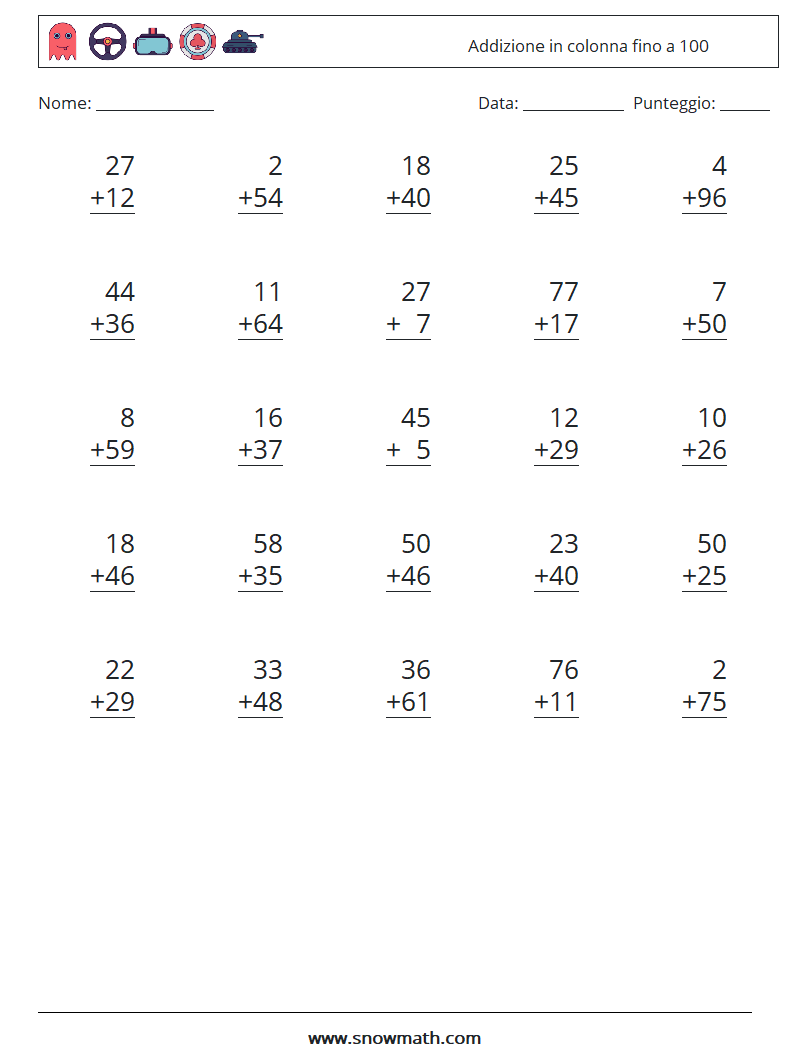 (25) Addizione in colonna fino a 100 Fogli di lavoro di matematica 6