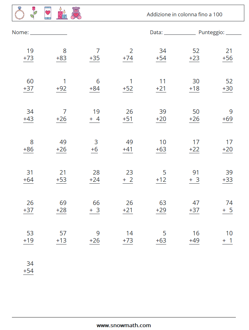 (50) Addizione in colonna fino a 100 Fogli di lavoro di matematica 10
