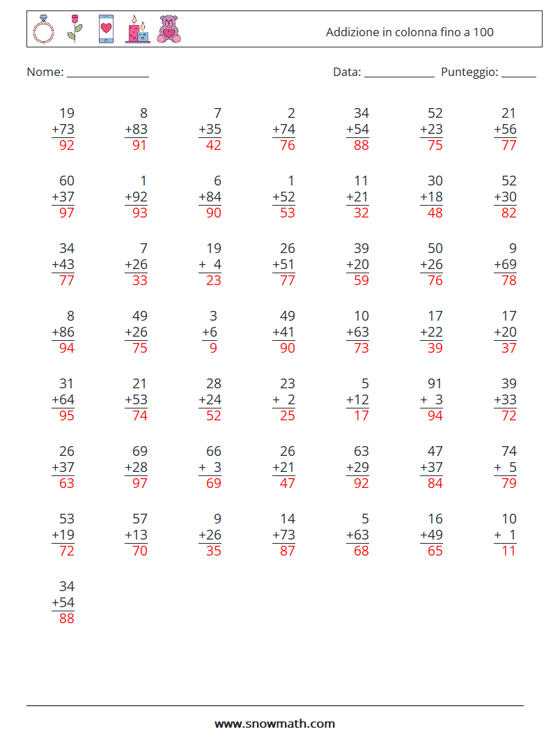 (50) Addizione in colonna fino a 100 Fogli di lavoro di matematica 10 Domanda, Risposta
