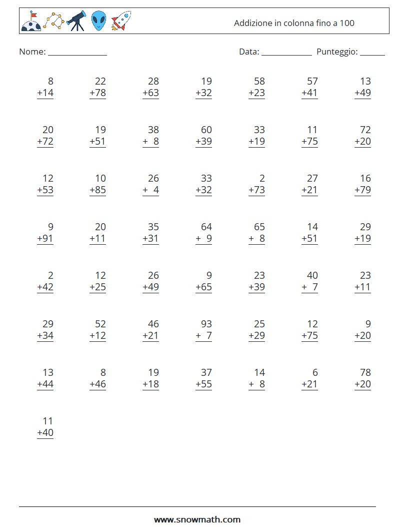 (50) Addizione in colonna fino a 100 Fogli di lavoro di matematica 11