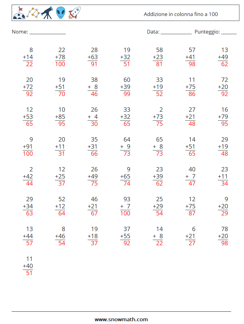 (50) Addizione in colonna fino a 100 Fogli di lavoro di matematica 11 Domanda, Risposta