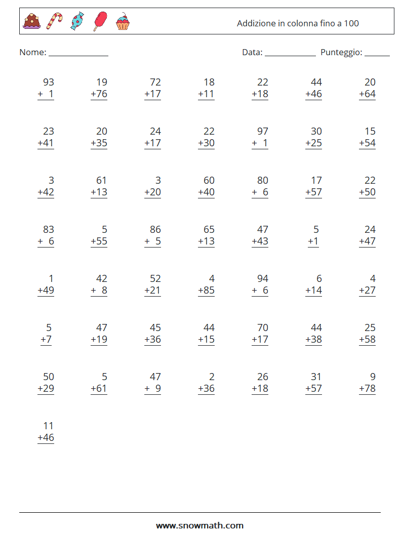 (50) Addizione in colonna fino a 100 Fogli di lavoro di matematica 12