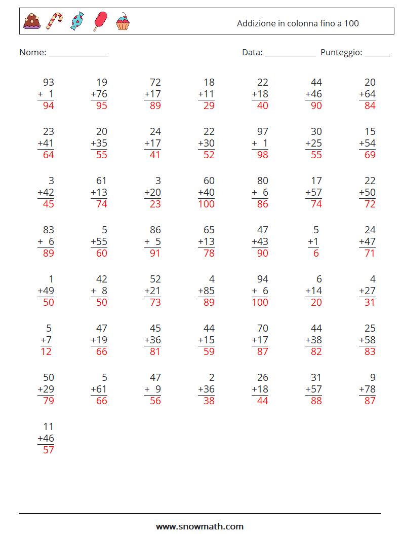 (50) Addizione in colonna fino a 100 Fogli di lavoro di matematica 12 Domanda, Risposta