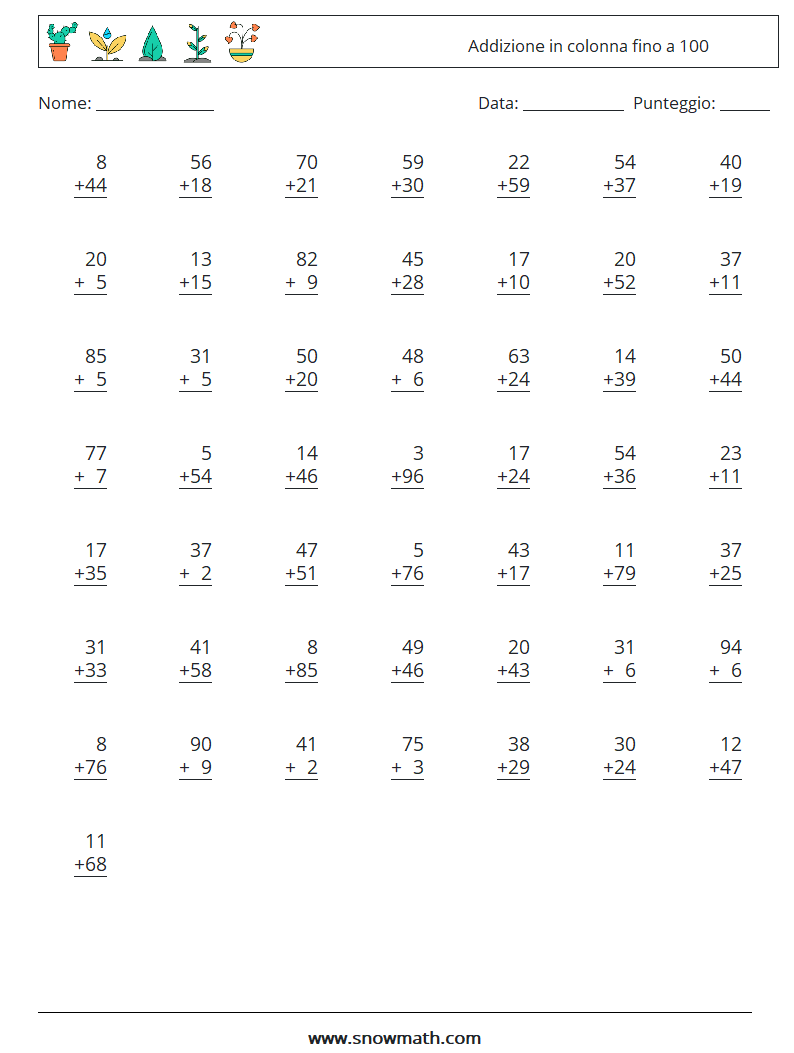(50) Addizione in colonna fino a 100 Fogli di lavoro di matematica 13