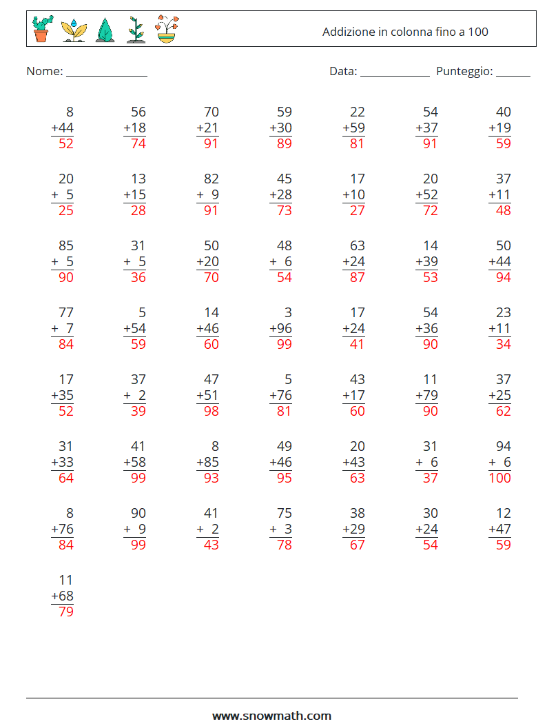 (50) Addizione in colonna fino a 100 Fogli di lavoro di matematica 13 Domanda, Risposta