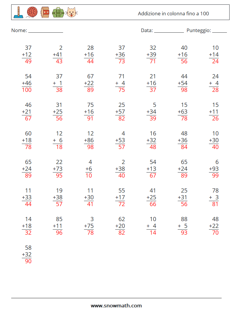 (50) Addizione in colonna fino a 100 Fogli di lavoro di matematica 14 Domanda, Risposta