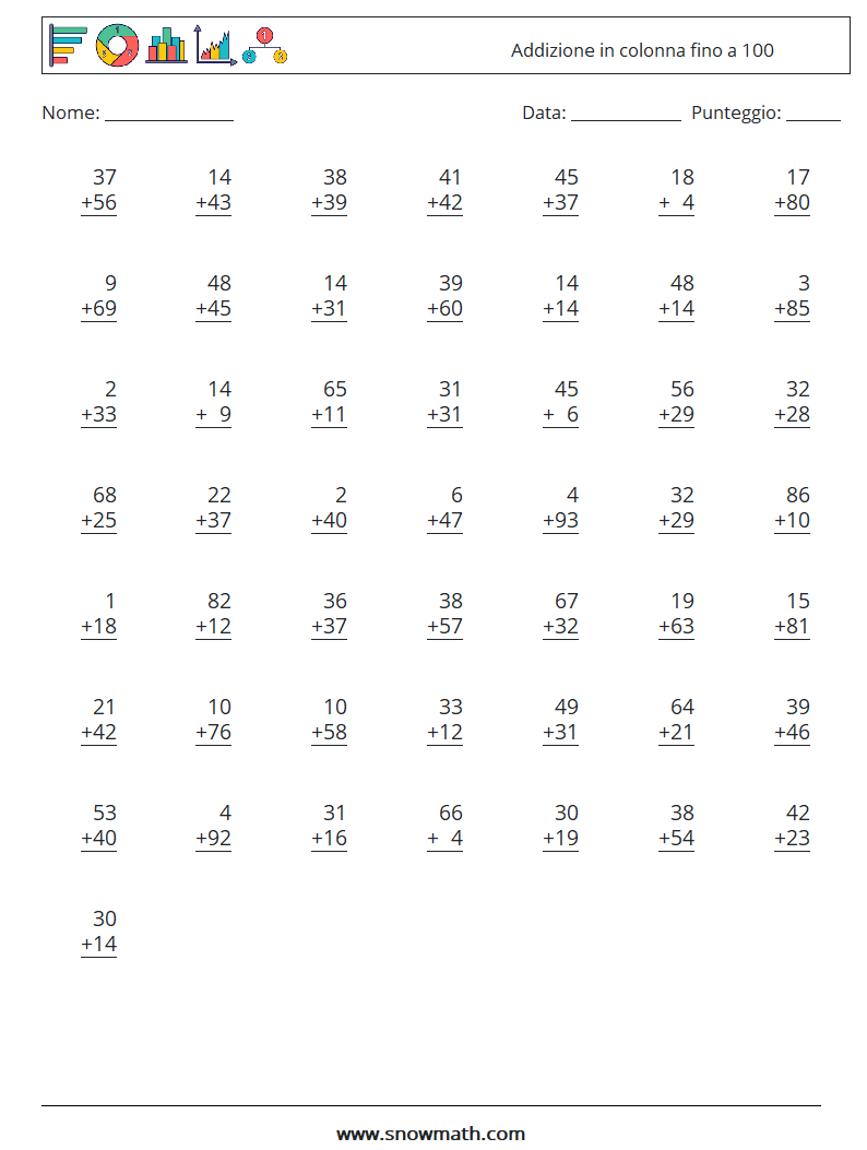 (50) Addizione in colonna fino a 100 Fogli di lavoro di matematica 15
