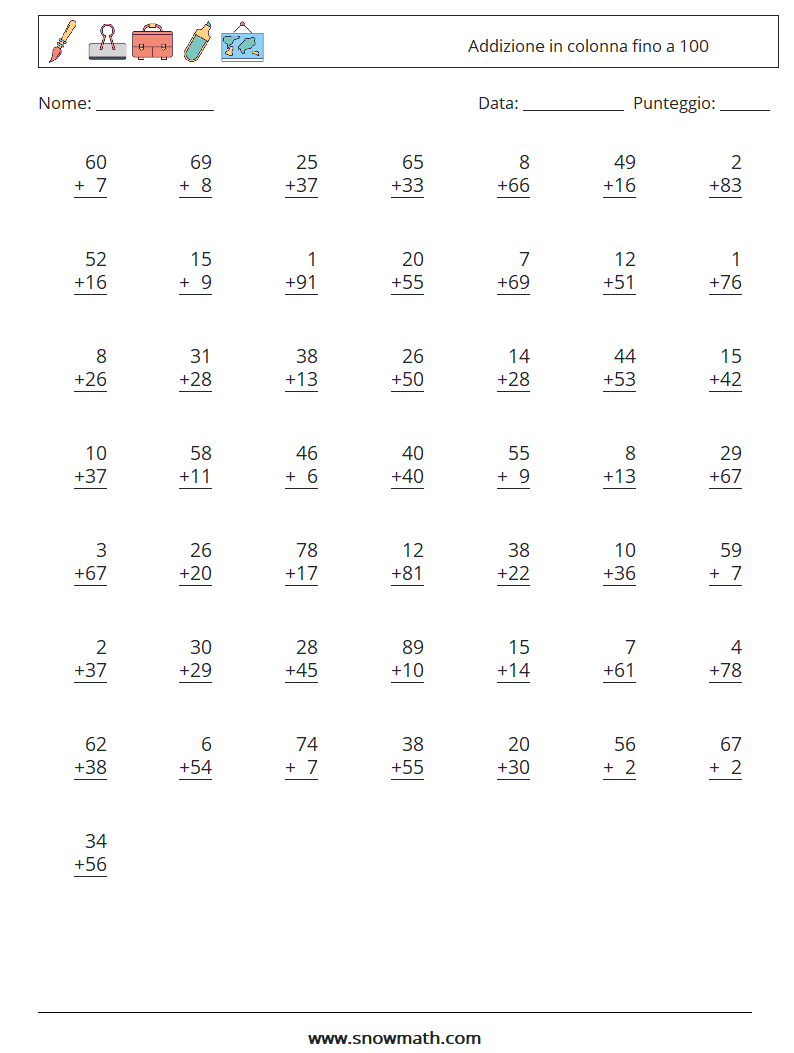 (50) Addizione in colonna fino a 100 Fogli di lavoro di matematica 16