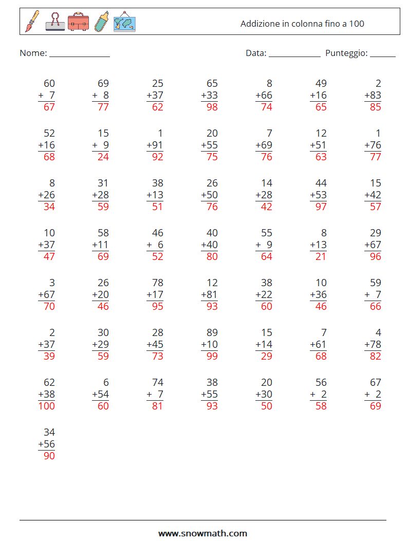 (50) Addizione in colonna fino a 100 Fogli di lavoro di matematica 16 Domanda, Risposta