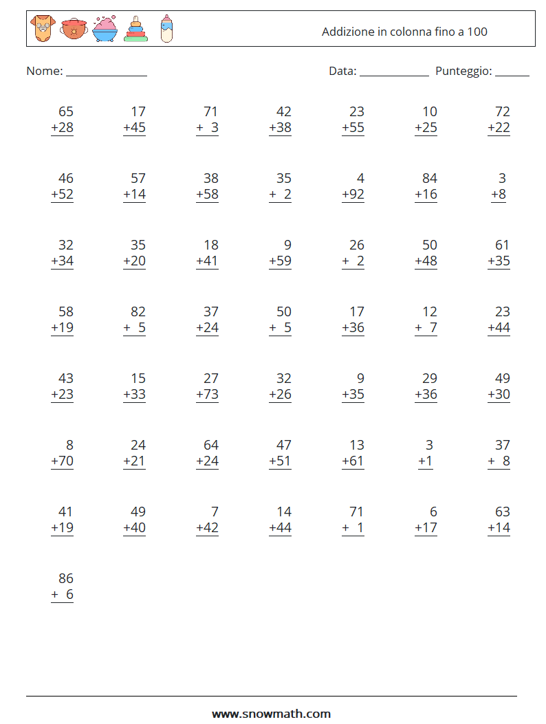 (50) Addizione in colonna fino a 100 Fogli di lavoro di matematica 17