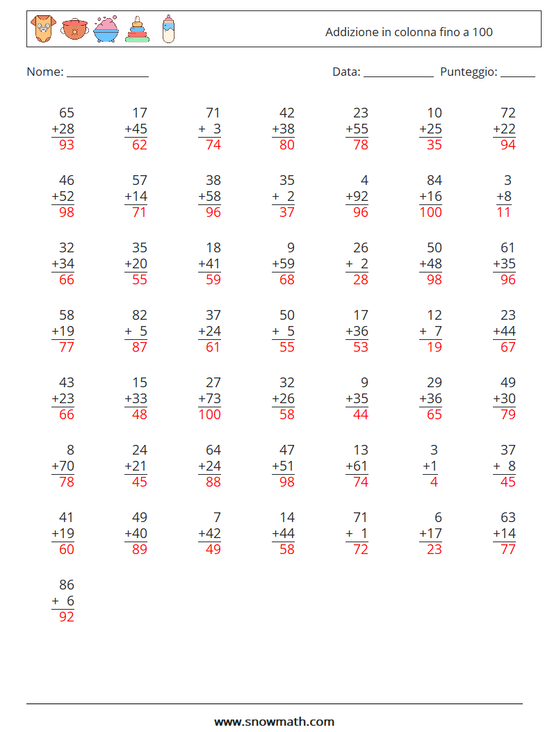 (50) Addizione in colonna fino a 100 Fogli di lavoro di matematica 17 Domanda, Risposta