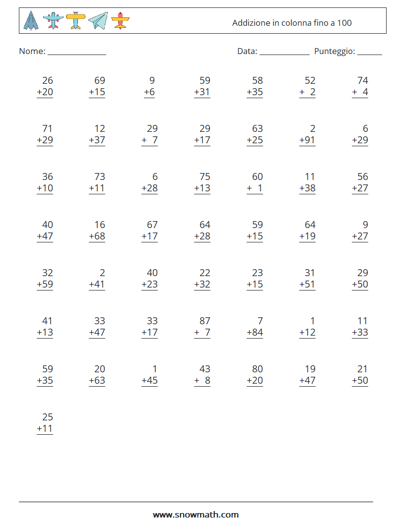 (50) Addizione in colonna fino a 100 Fogli di lavoro di matematica 18