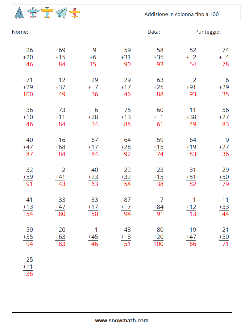 (50) Addizione in colonna fino a 100 Fogli di lavoro di matematica 18 Domanda, Risposta