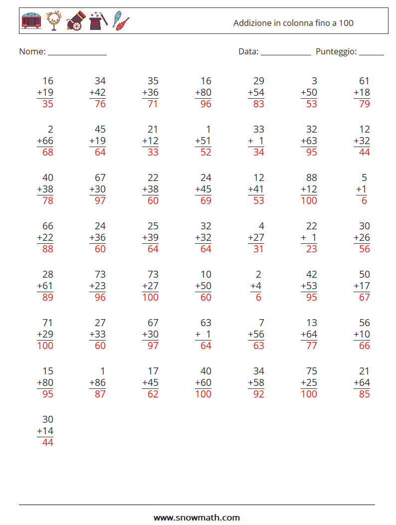 (50) Addizione in colonna fino a 100 Fogli di lavoro di matematica 1 Domanda, Risposta
