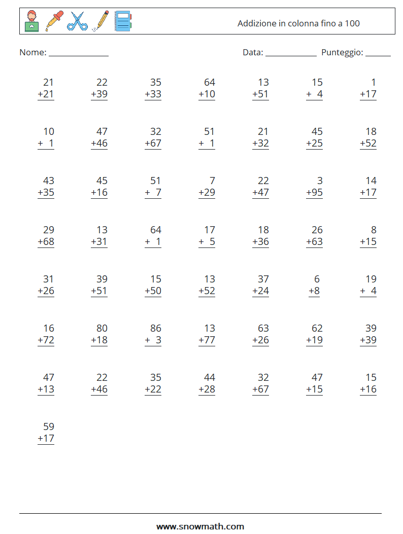 (50) Addizione in colonna fino a 100 Fogli di lavoro di matematica 2