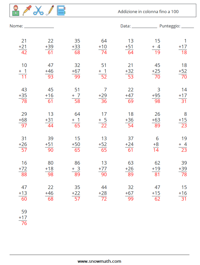 (50) Addizione in colonna fino a 100 Fogli di lavoro di matematica 2 Domanda, Risposta