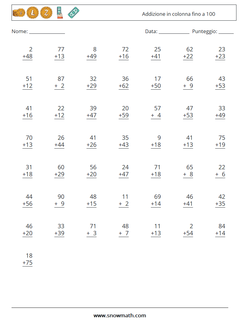 (50) Addizione in colonna fino a 100 Fogli di lavoro di matematica 3