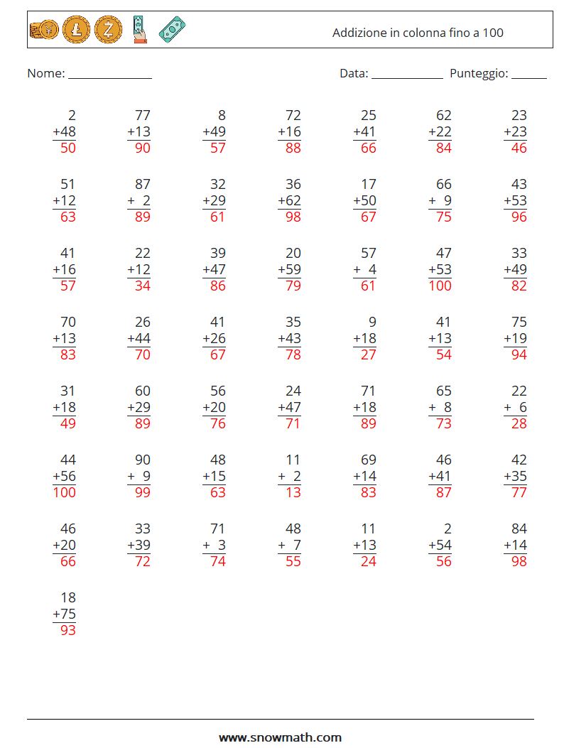 (50) Addizione in colonna fino a 100 Fogli di lavoro di matematica 3 Domanda, Risposta