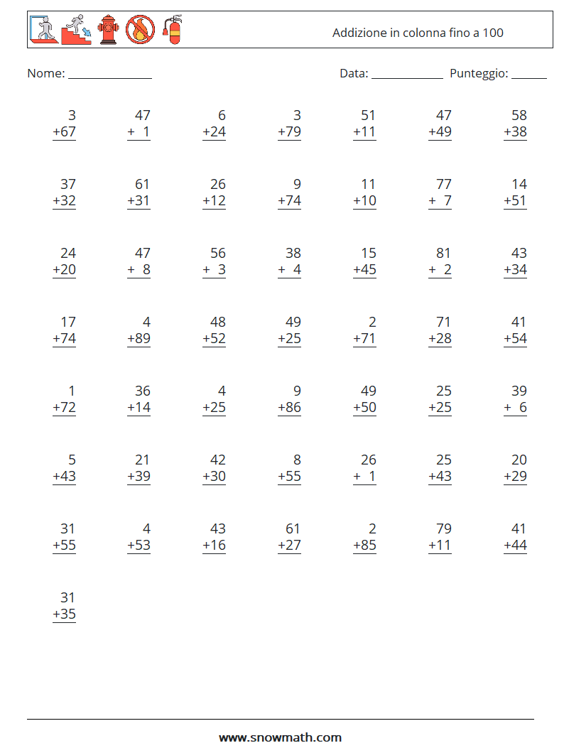 (50) Addizione in colonna fino a 100 Fogli di lavoro di matematica 4