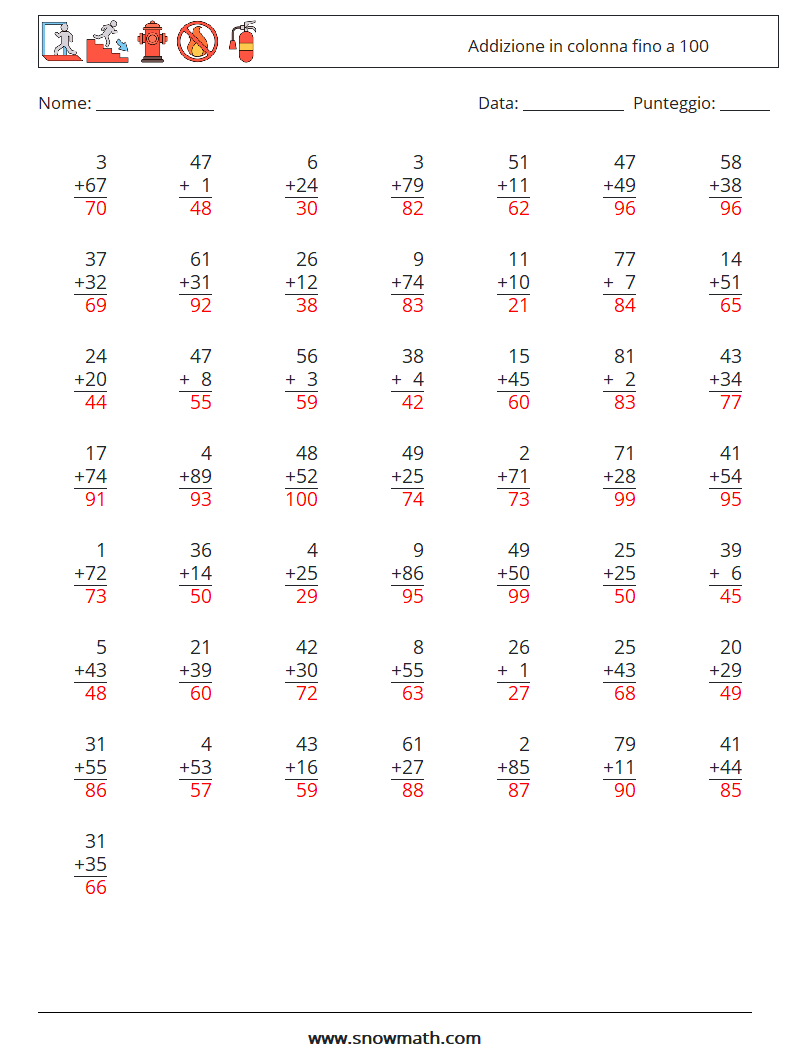 (50) Addizione in colonna fino a 100 Fogli di lavoro di matematica 4 Domanda, Risposta