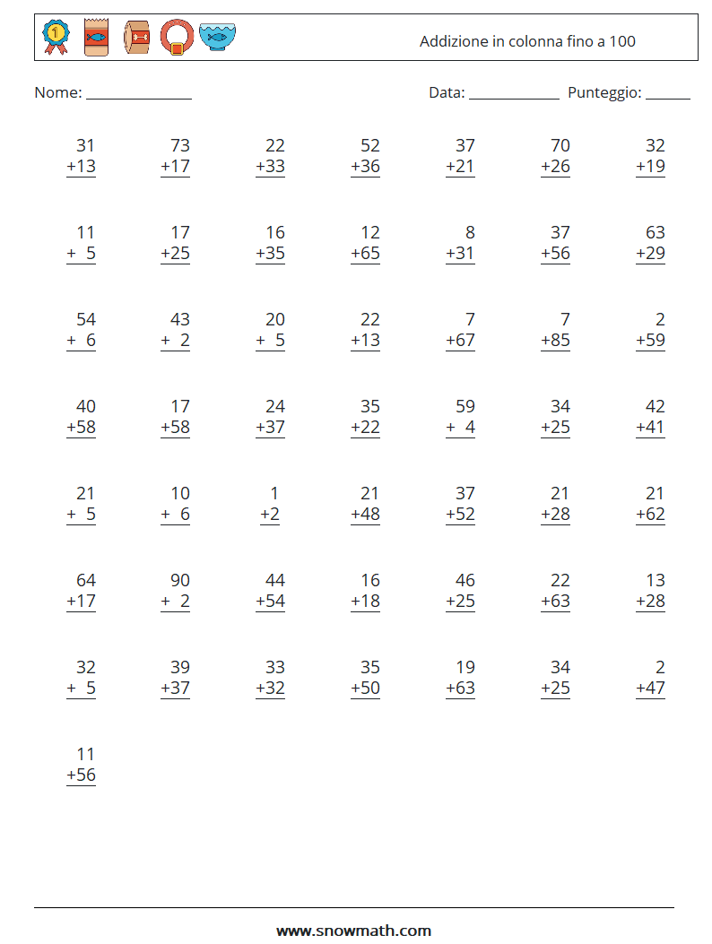 (50) Addizione in colonna fino a 100 Fogli di lavoro di matematica 5
