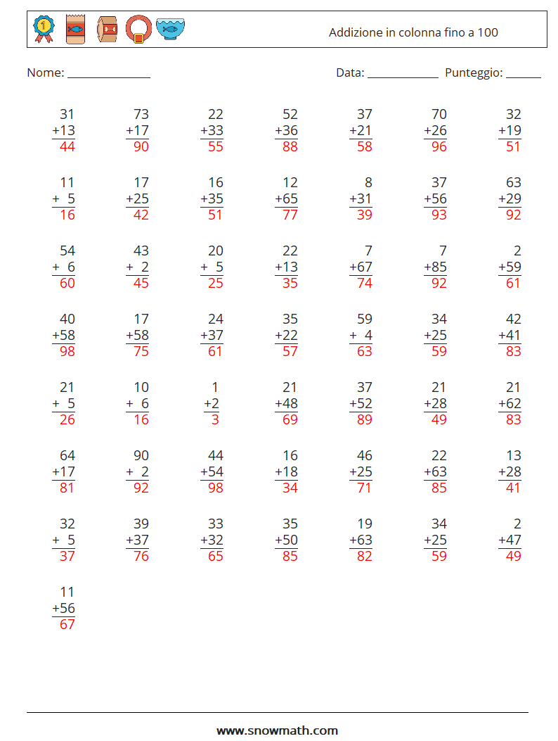 (50) Addizione in colonna fino a 100 Fogli di lavoro di matematica 5 Domanda, Risposta