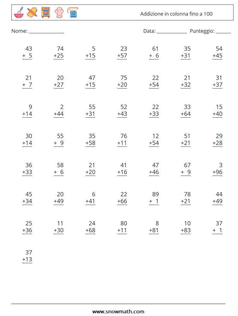 (50) Addizione in colonna fino a 100 Fogli di lavoro di matematica 6