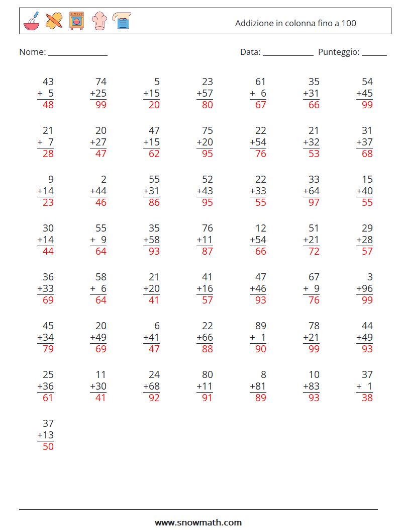 (50) Addizione in colonna fino a 100 Fogli di lavoro di matematica 6 Domanda, Risposta
