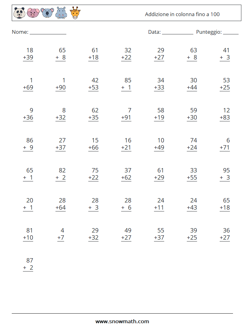 (50) Addizione in colonna fino a 100 Fogli di lavoro di matematica 7