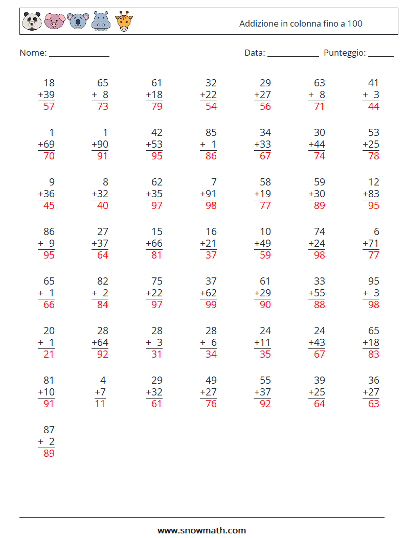 (50) Addizione in colonna fino a 100 Fogli di lavoro di matematica 7 Domanda, Risposta