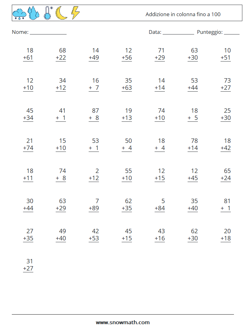 (50) Addizione in colonna fino a 100 Fogli di lavoro di matematica 8