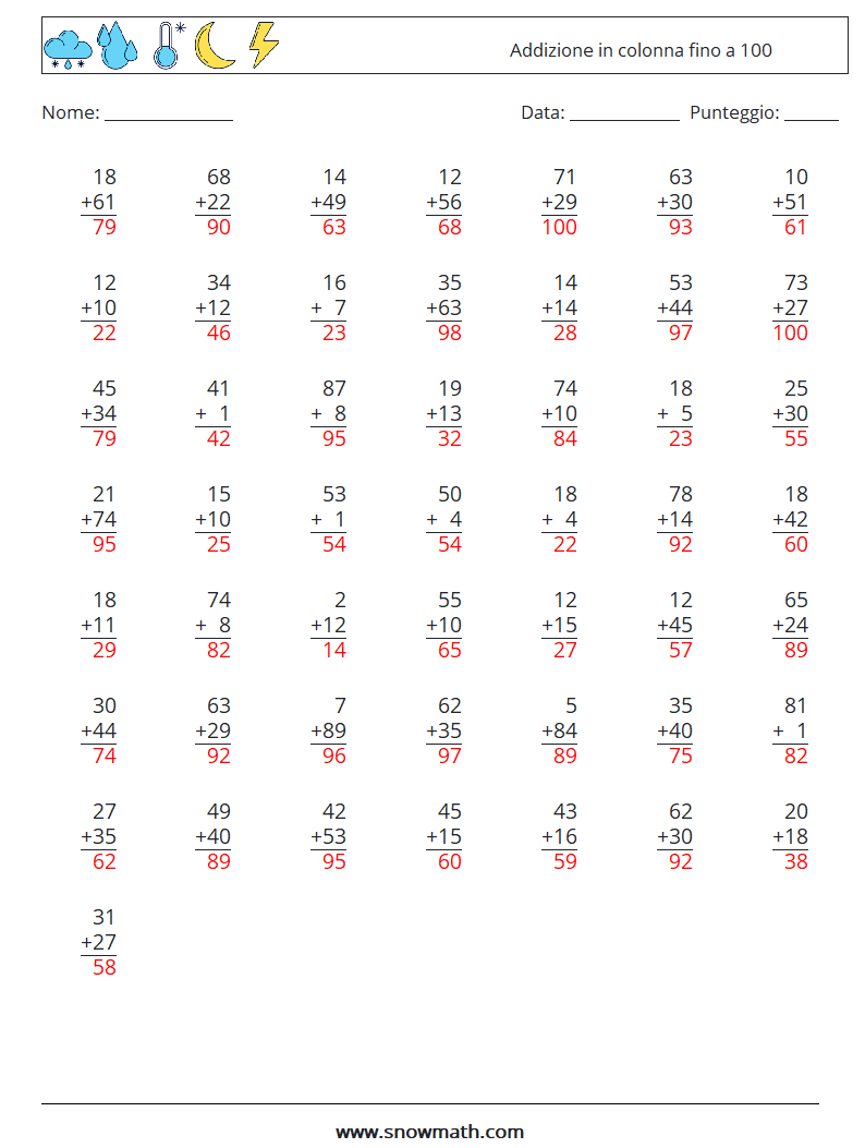 (50) Addizione in colonna fino a 100 Fogli di lavoro di matematica 8 Domanda, Risposta