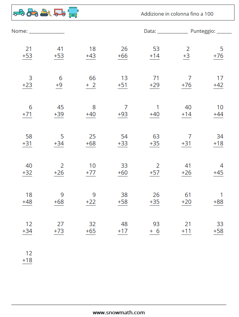 (50) Addizione in colonna fino a 100 Fogli di lavoro di matematica 9
