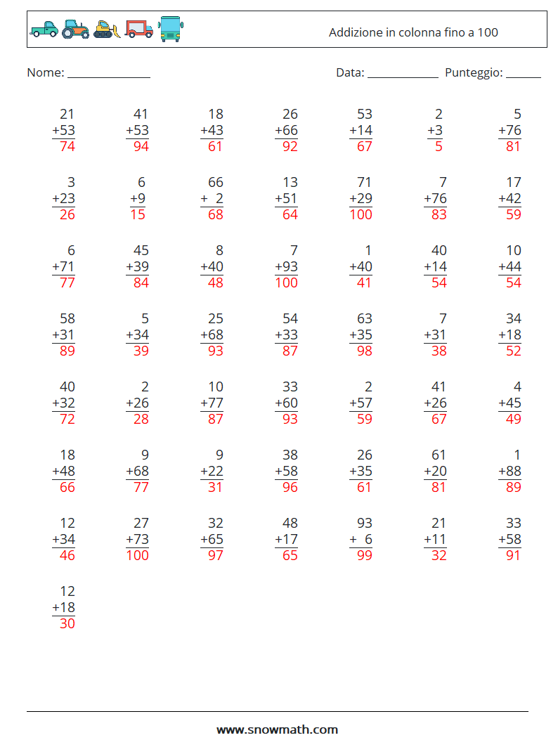 (50) Addizione in colonna fino a 100 Fogli di lavoro di matematica 9 Domanda, Risposta