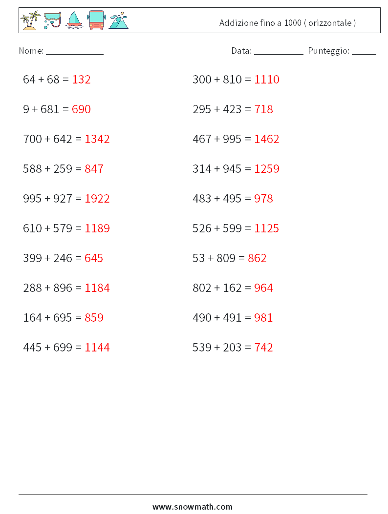 (20) Addizione fino a 1000 ( orizzontale ) Fogli di lavoro di matematica 1 Domanda, Risposta