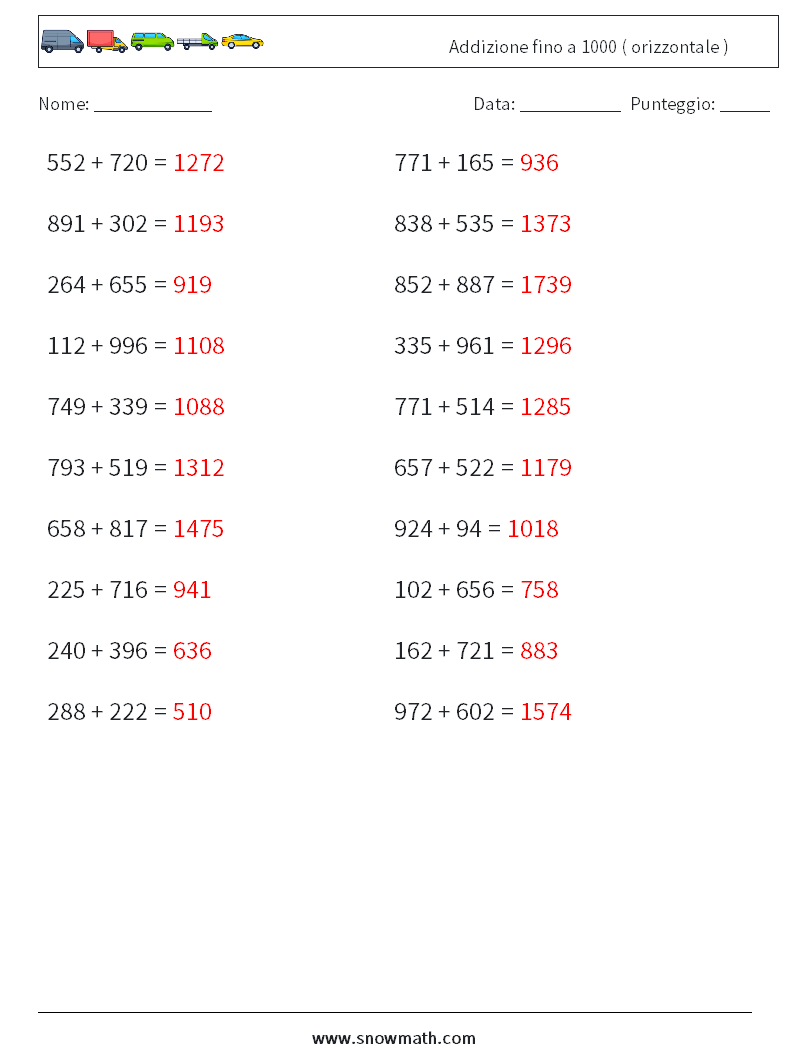 (20) Addizione fino a 1000 ( orizzontale ) Fogli di lavoro di matematica 2 Domanda, Risposta