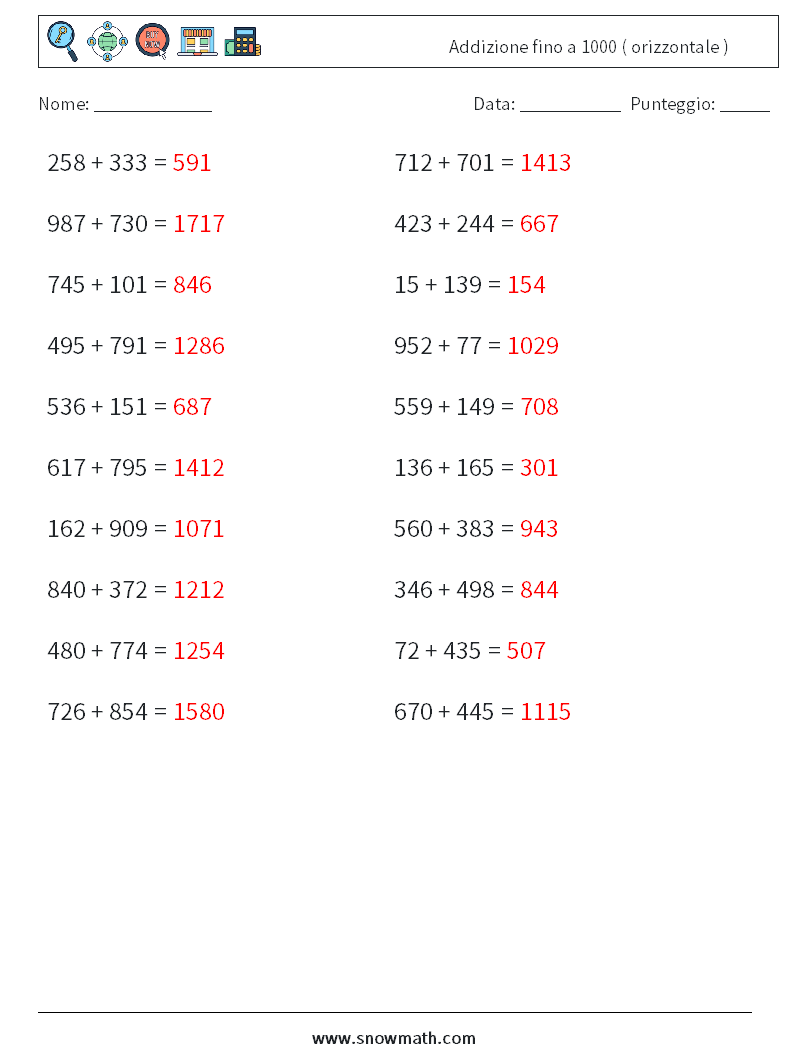 (20) Addizione fino a 1000 ( orizzontale ) Fogli di lavoro di matematica 3 Domanda, Risposta