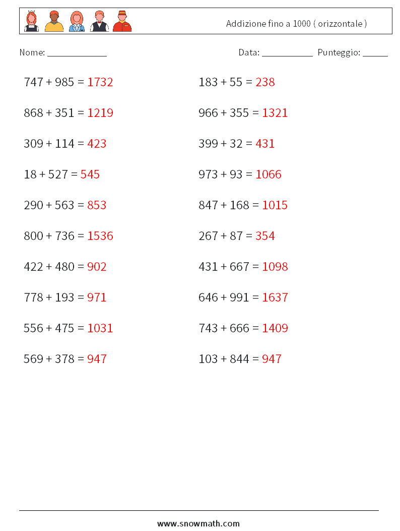 (20) Addizione fino a 1000 ( orizzontale ) Fogli di lavoro di matematica 4 Domanda, Risposta
