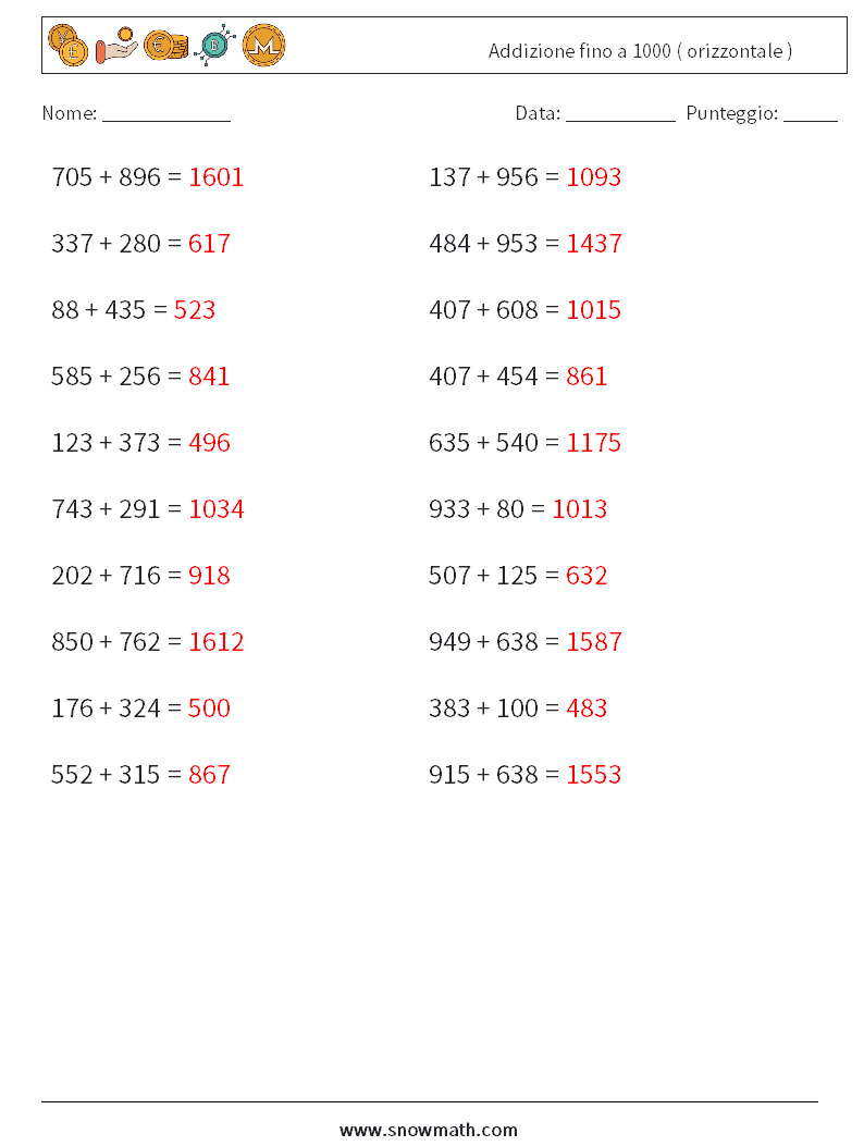 (20) Addizione fino a 1000 ( orizzontale ) Fogli di lavoro di matematica 5 Domanda, Risposta