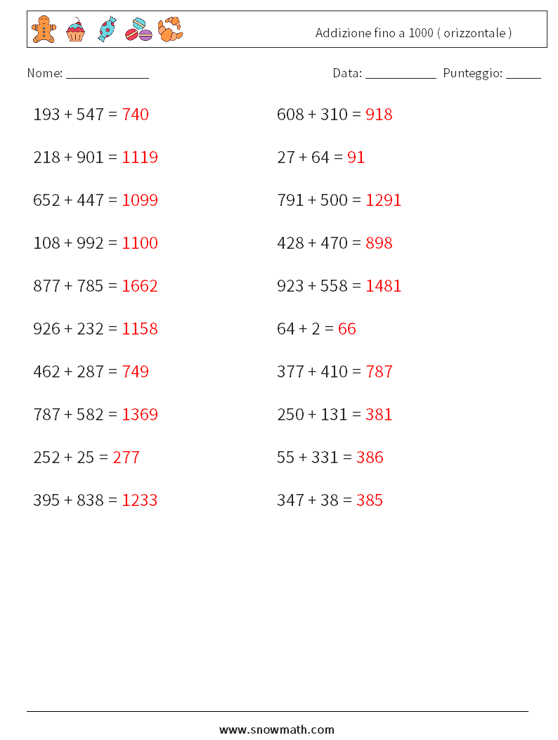 (20) Addizione fino a 1000 ( orizzontale ) Fogli di lavoro di matematica 6 Domanda, Risposta