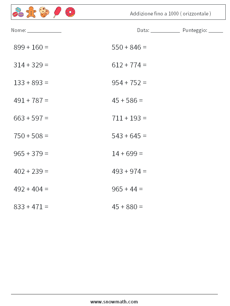 (20) Addizione fino a 1000 ( orizzontale ) Fogli di lavoro di matematica 7