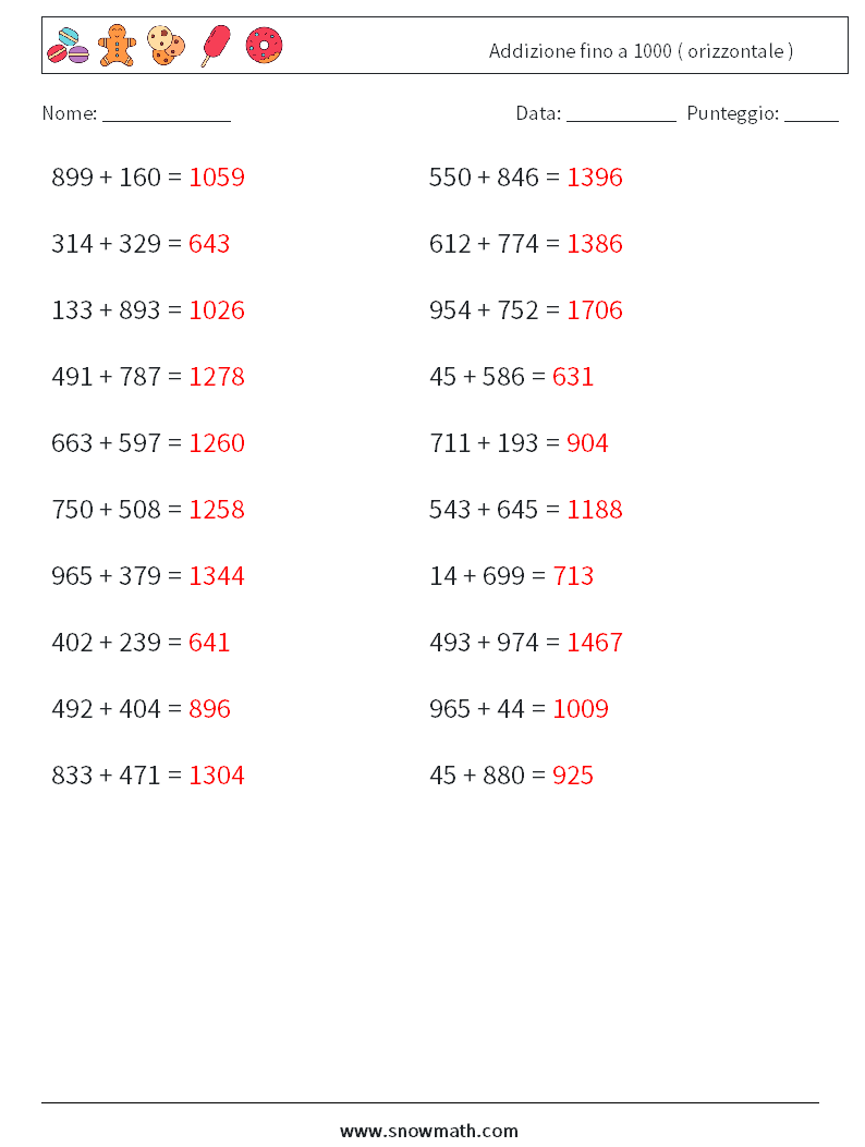 (20) Addizione fino a 1000 ( orizzontale ) Fogli di lavoro di matematica 7 Domanda, Risposta