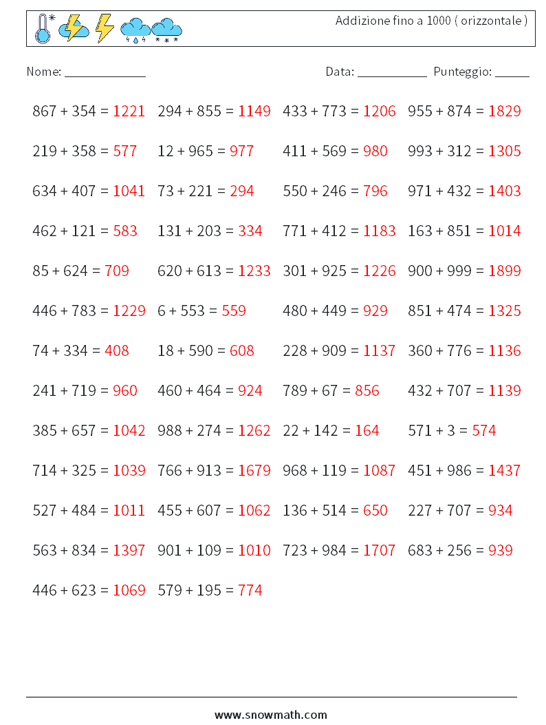 (50) Addizione fino a 1000 ( orizzontale ) Fogli di lavoro di matematica 1 Domanda, Risposta