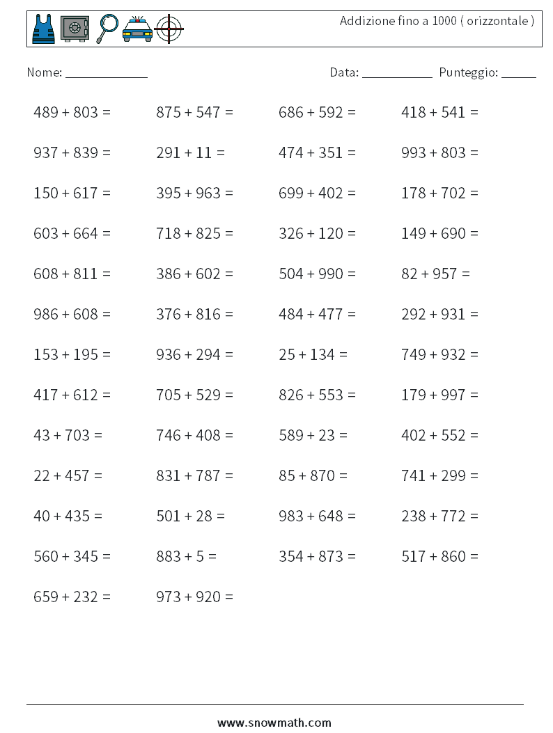 (50) Addizione fino a 1000 ( orizzontale ) Fogli di lavoro di matematica 2